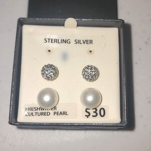 Sterling Silver Freshwater Water Pearl and Crystal 2 Earrings Set NIB